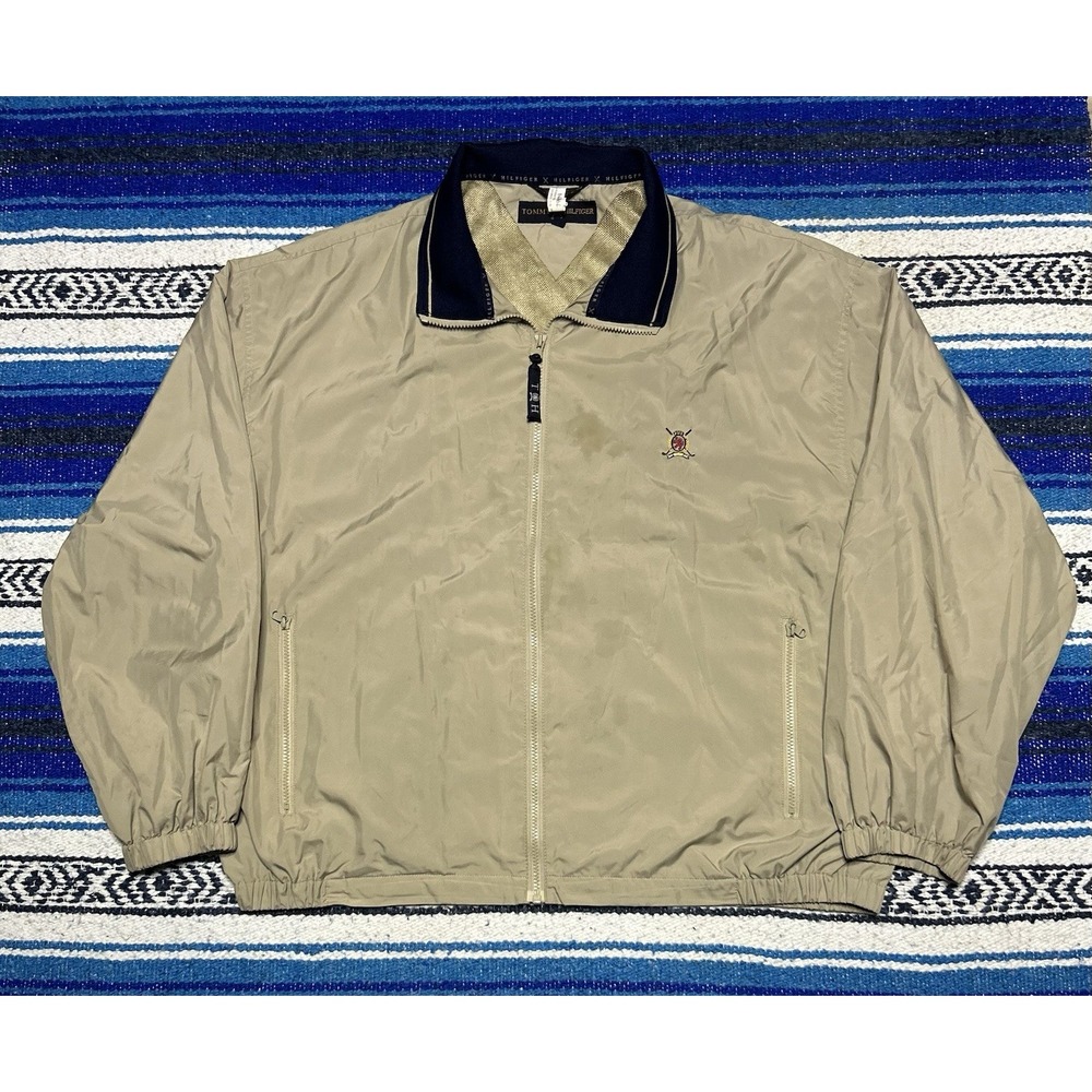 Vintage Tommy Hilfiger Golf Jacket Mens 2XL Beige Windbreaker Full Zip Crest